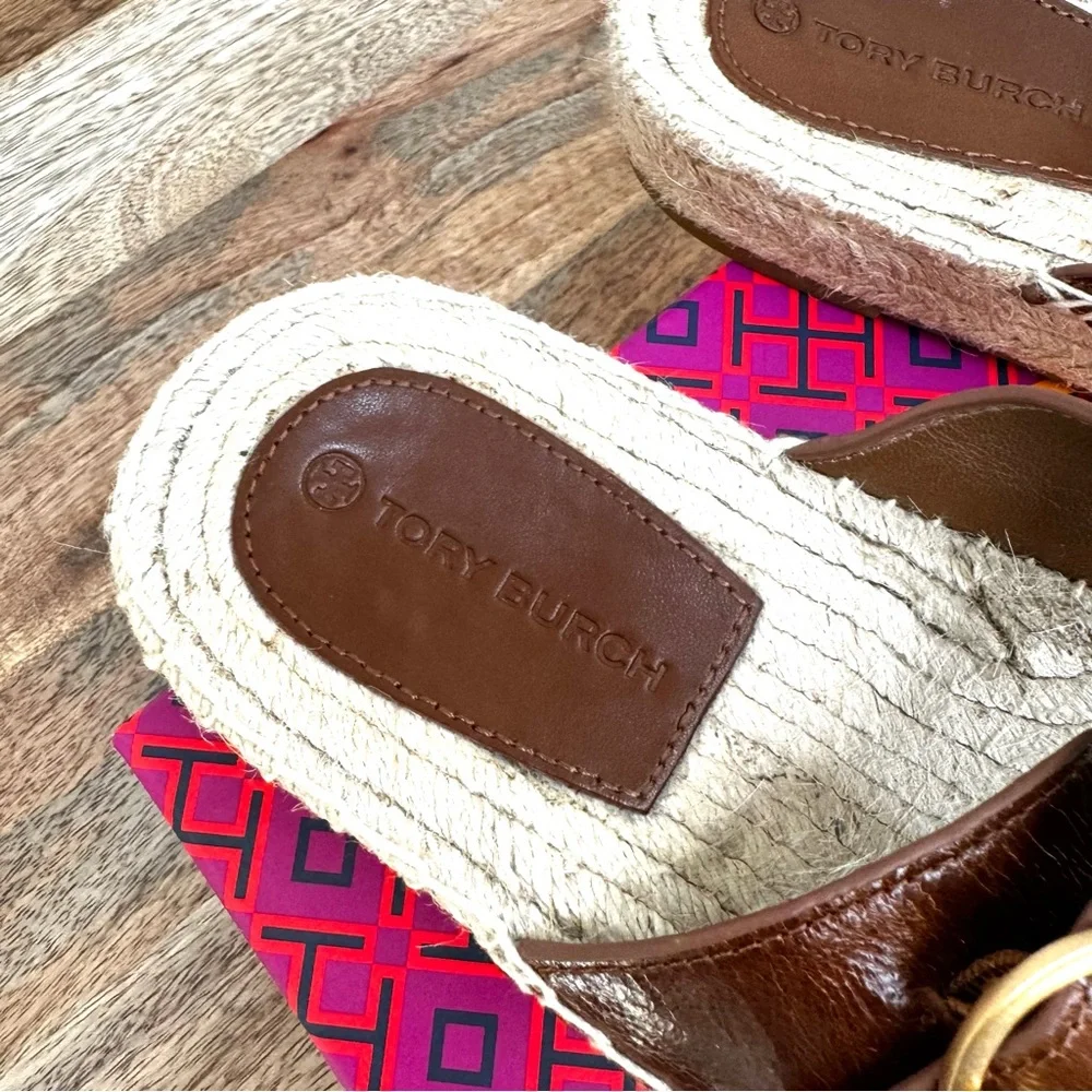 Tory Burch Selby Two Band Espadrille Slide Sandal Waxy Napa Leather Syru…
